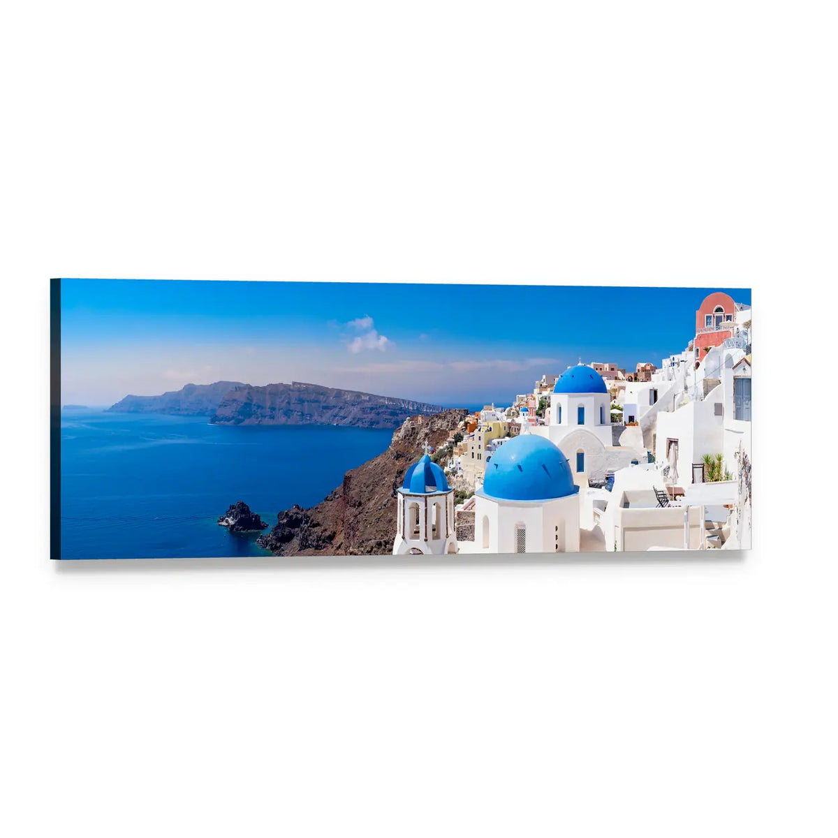 Oia Santorini Village Coastline Panoramic Canvas Wall Art, single panel gallery wrapped canvas, angled product view