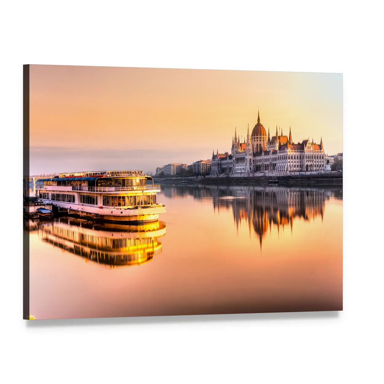 Budapest Parliament at Sunrise Canvas Wall Art, single panel gallery wrapped canvas, angled product view