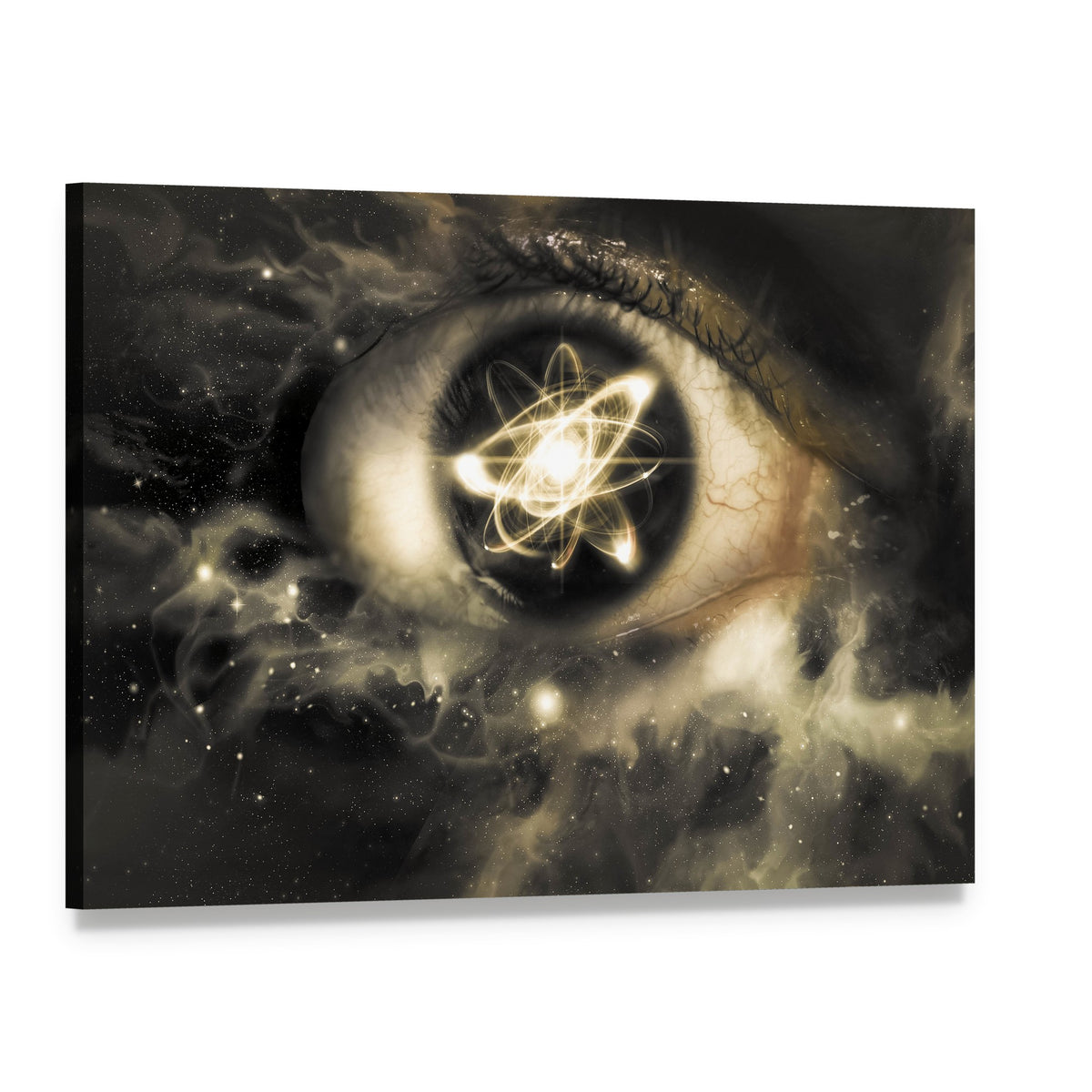 Iris with Atomic Model Canvas Wall Art, single panel gallery wrapped canvas, angled product view