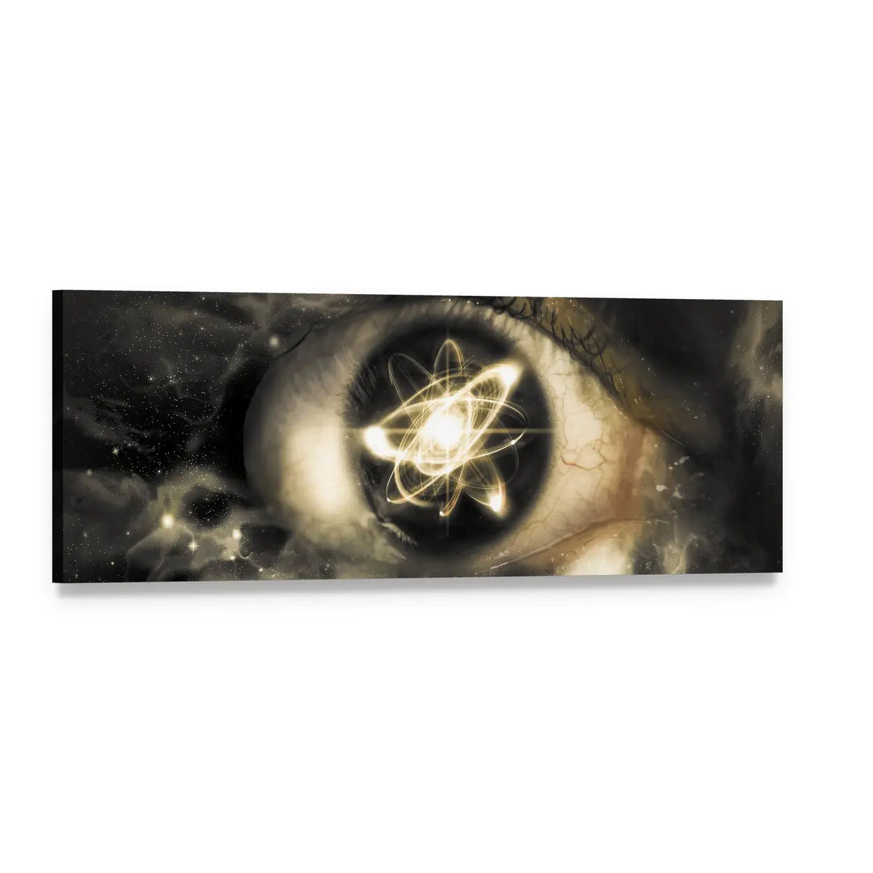 Atomic Iris with Orbital Rings Panoramic Canvas Wall Art, single panel gallery wrapped canvas, angled product view