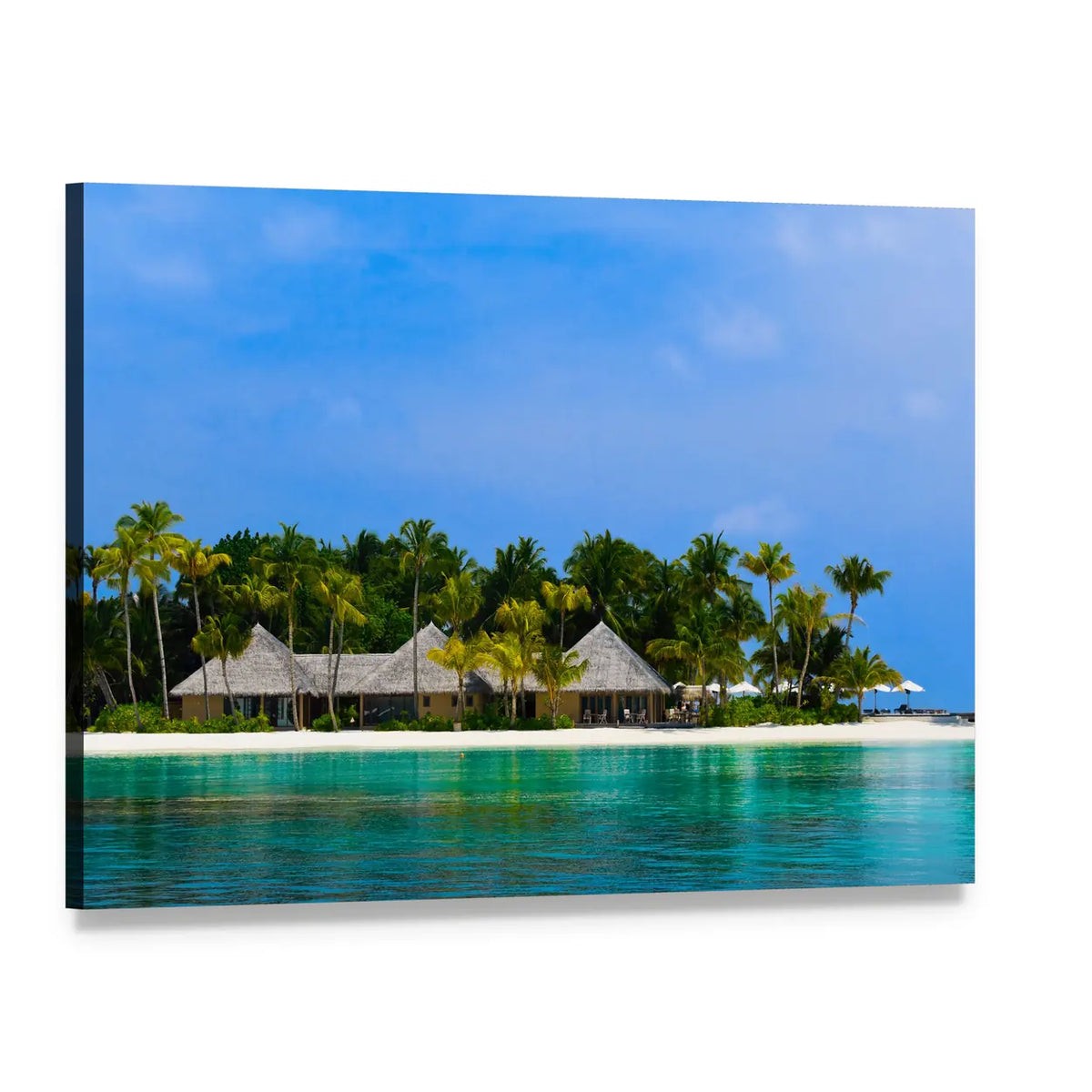 Water Bungalows on a Tropical Island Canvas Wall Art, single panel gallery wrapped canvas, angled product view