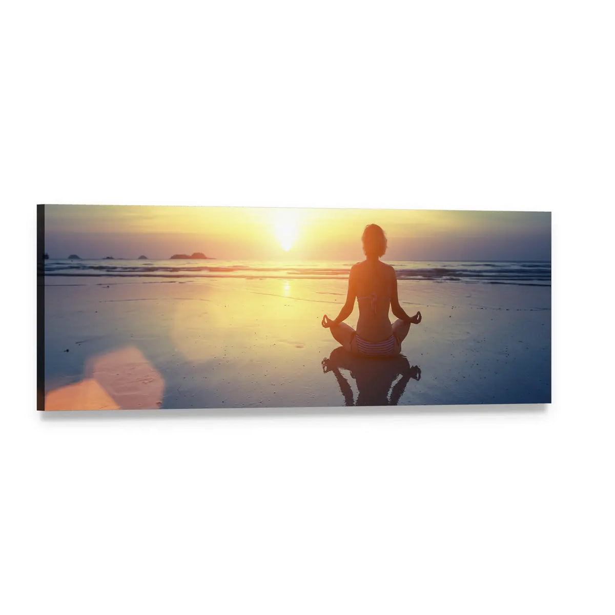 Woman Meditating at Sunset Beach Panoramic Canvas Wall Art, single panel gallery wrapped canvas, angled product view