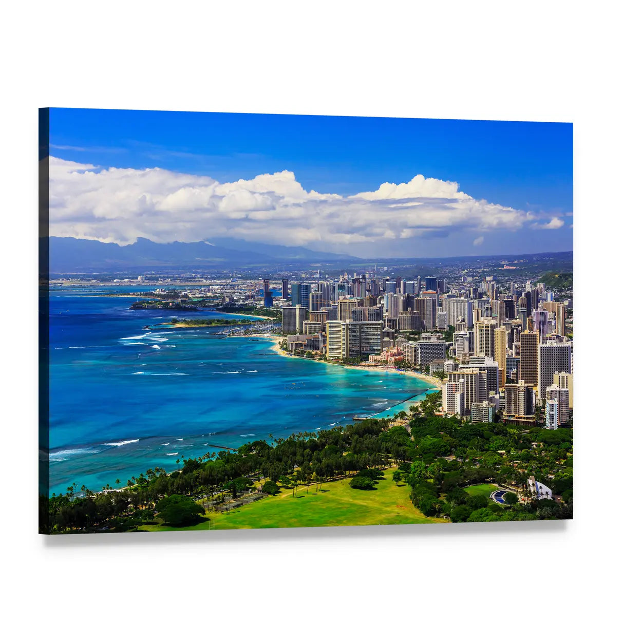 Honolulu Coastal Skyline Canvas Wall Art, single panel gallery wrapped canvas, angled product view