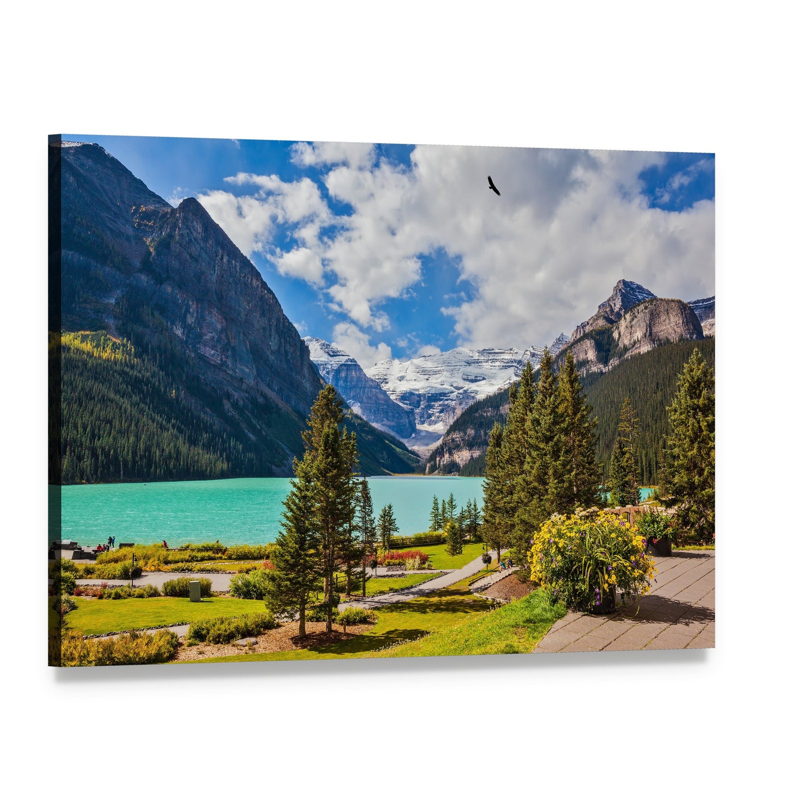 Serene Lake Louise Landscape Canvas Wall Art, single panel gallery wrapped canvas, angled product view