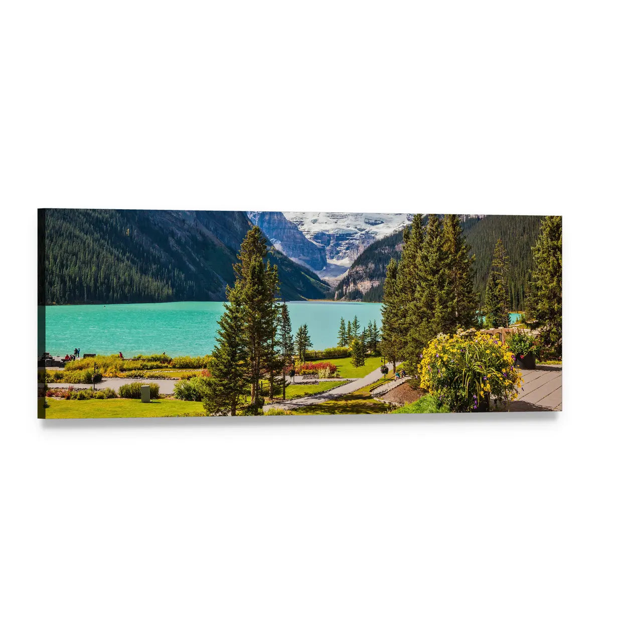 Turquoise Alpine Lake with Snow-capped Peaks Panoramic Canvas Wall Art, single panel gallery wrapped canvas, angled product view