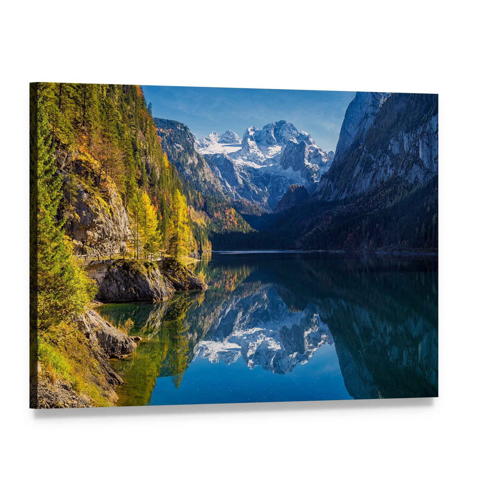 Colorful Autumn Mountain Reflection Canvas Wall Art, single panel gallery wrapped canvas, angled product view