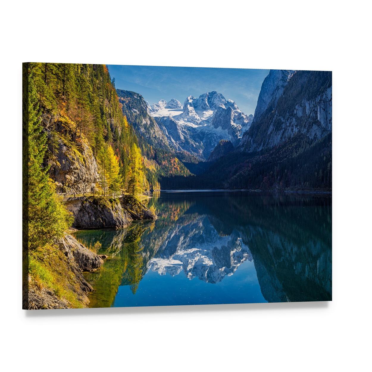Colorful Autumn Mountain Reflection Canvas Wall Art, single panel gallery wrapped canvas, angled product view