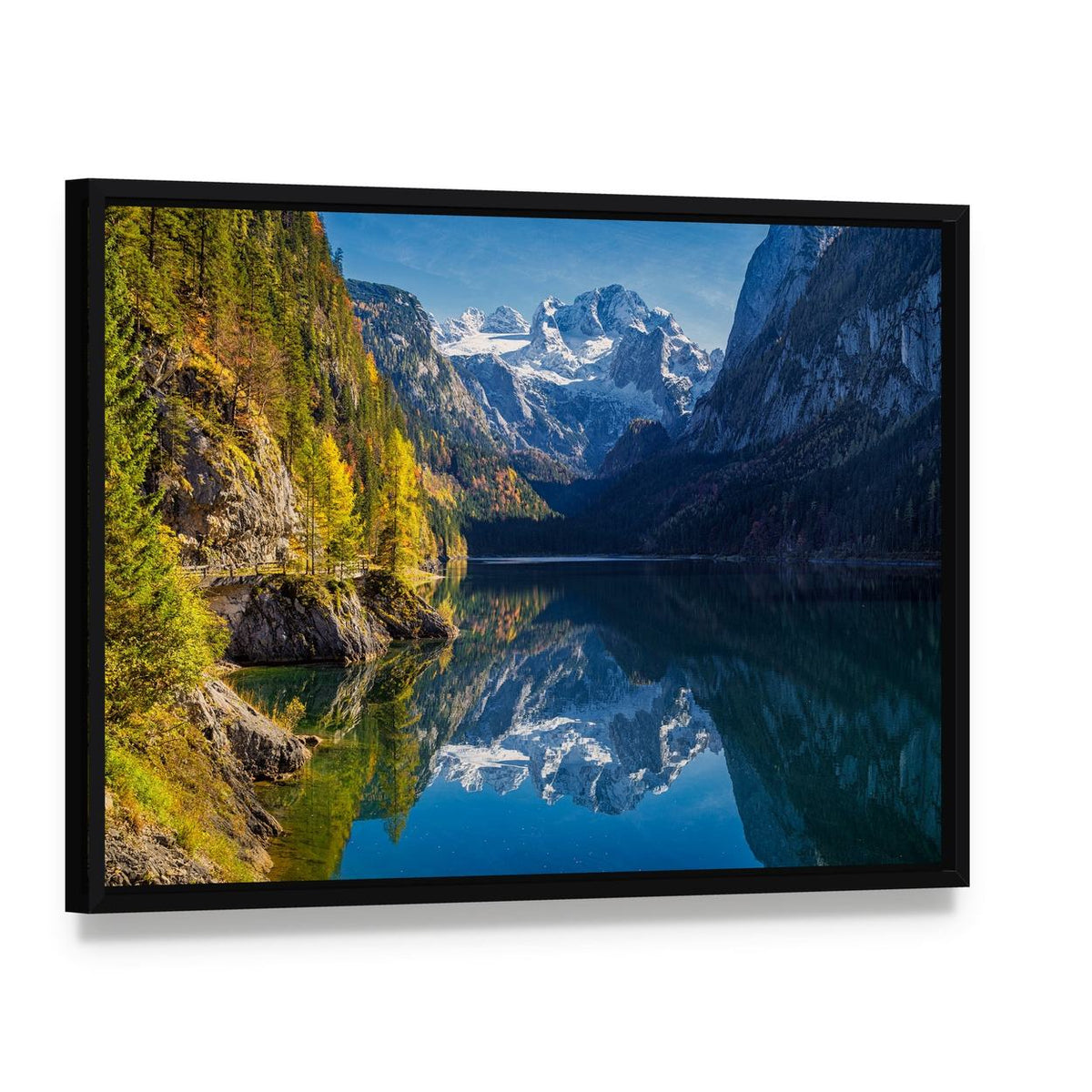 Colorful Autumn Mountain Reflection Canvas Wall Art, framed canvas in a black floater frame, angled product view