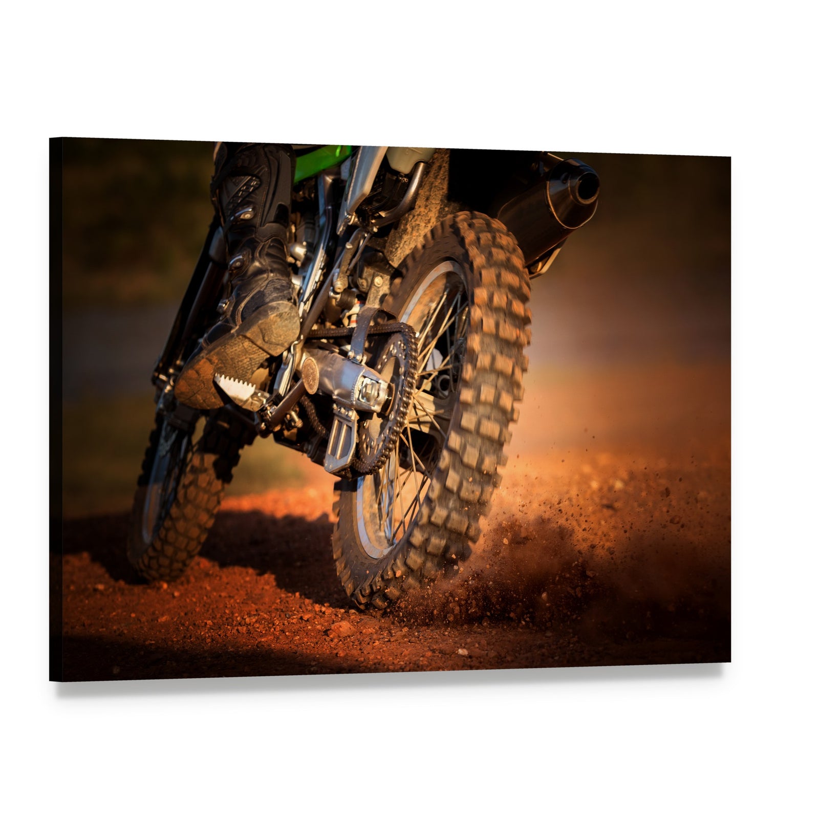 Motorcycle on Dirt Track Canvas Wall Art, single panel gallery wrapped canvas, angled product view