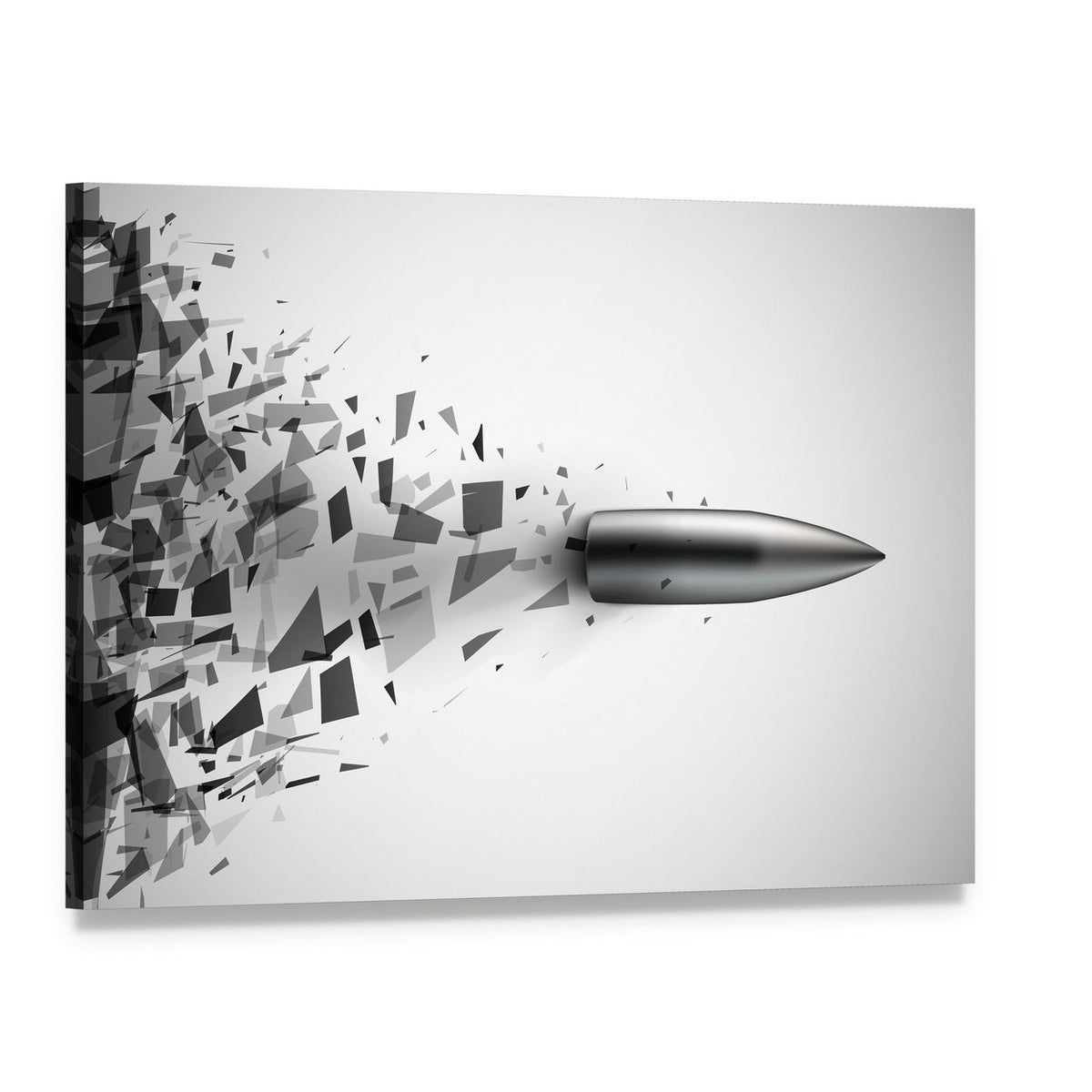 Bullet Shot Shattering Glass Abstract Canvas Wall Art, single panel gallery wrapped canvas, angled product view