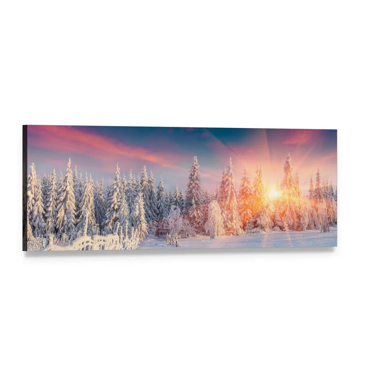 Winter Sunburst Over Snow-covered Evergreens Panoramic Canvas Wall Art, single panel gallery wrapped canvas, angled product view