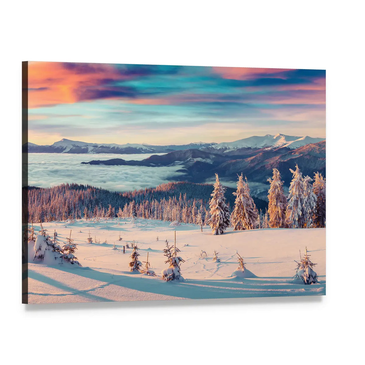 Snowy Carpathian Mountains Canvas Wall Art, single panel gallery wrapped canvas, angled product view