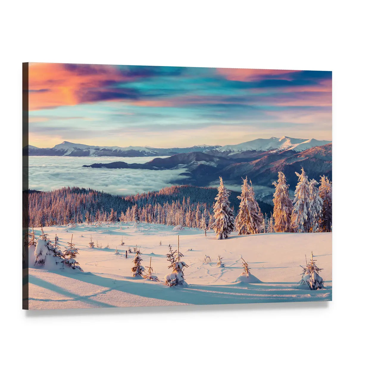 Snowy Carpathian Mountains Canvas Wall Art, single panel gallery wrapped canvas, angled product view