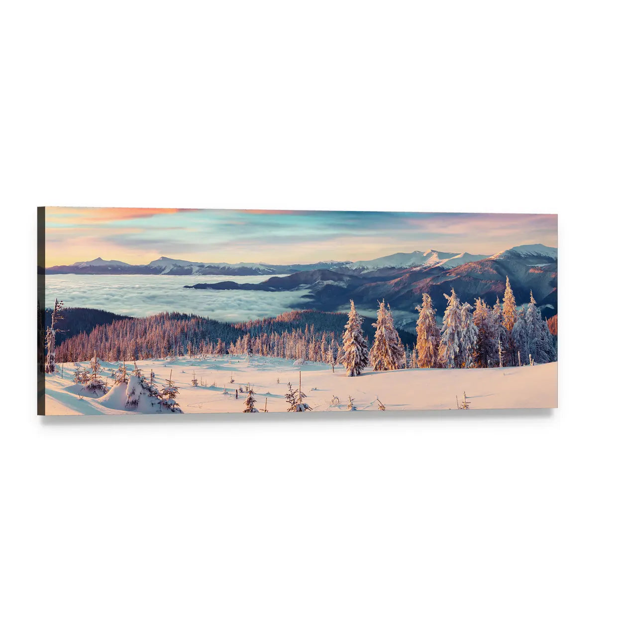 Snowy Carpathian Mountains at Sunset Panoramic Canvas Wall Art, single panel gallery wrapped canvas, angled product view