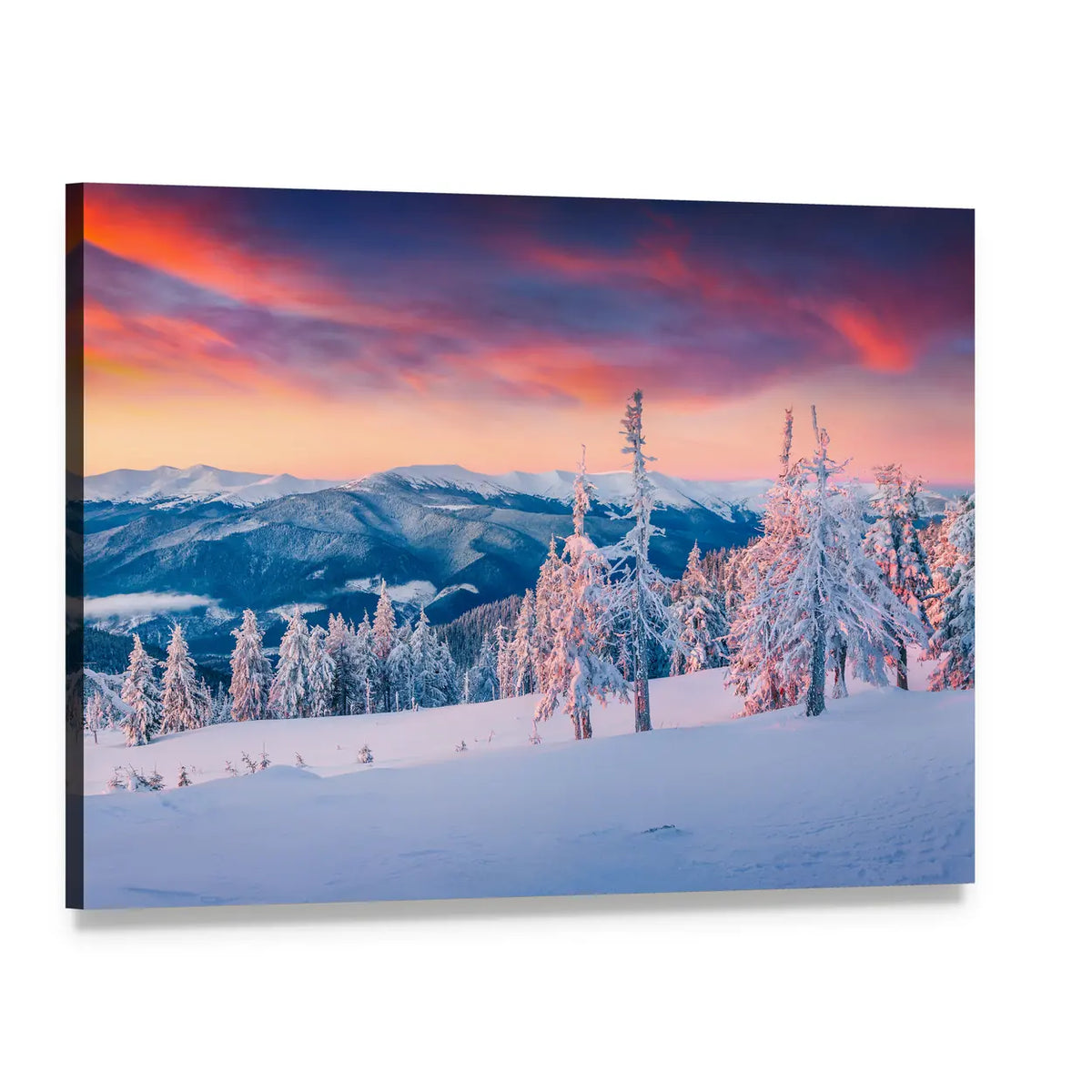 Winter Sunrise in Snowy Mountains Canvas Wall Art, single panel gallery wrapped canvas, angled product view