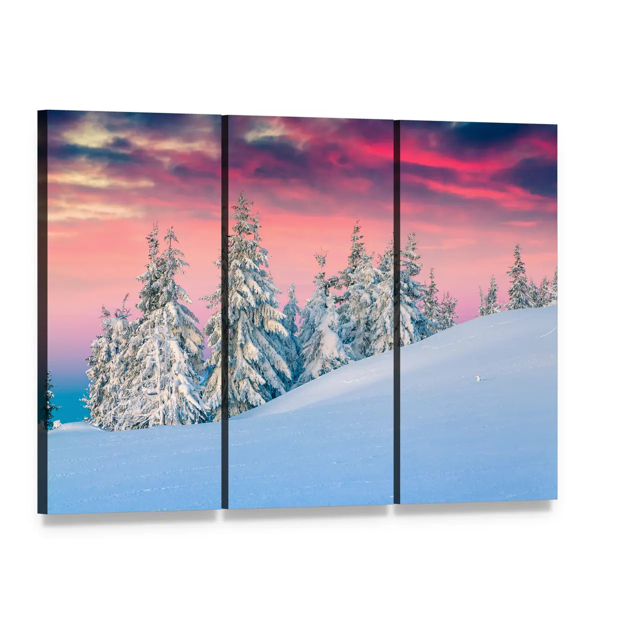 Snow-covered Pines at Winter Sunset Canvas Wall Art, 3 panel 3 Horizontal layout gallery wrapped canvas set, angled product view
