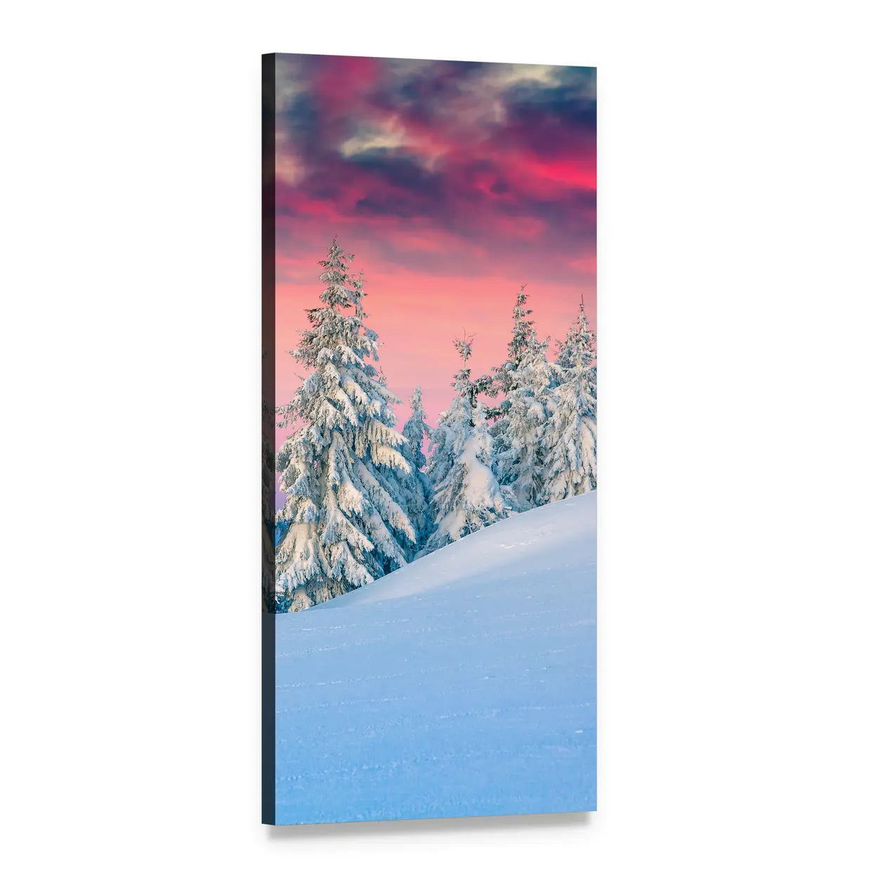 Snow-covered Pines at Sunset Vertical Canvas Wall Art, 1 panel 1 Vertical layout gallery wrapped canvas set, angled product view