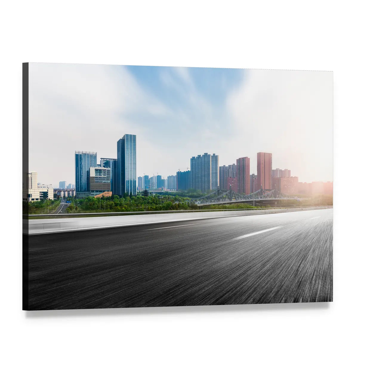 City and Road with Motion Blur Canvas Wall Art, single panel gallery wrapped canvas, angled product view