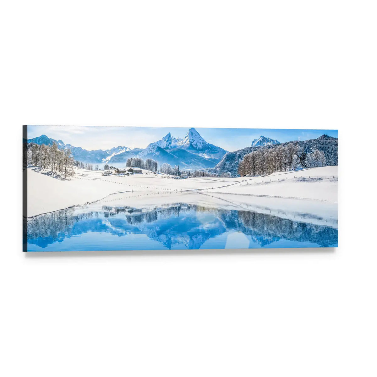 Swiss Alps Winter Scenery Panoramic Canvas Wall Art, single panel gallery wrapped canvas, angled product view