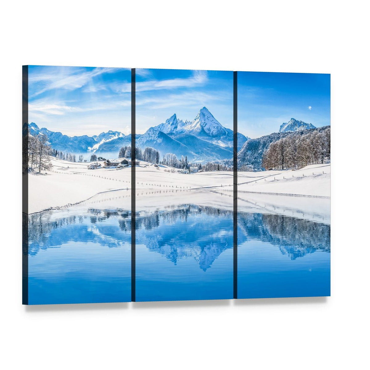 Winter Wonderland Scenery in the Alps with Snowy Mountain Canvas Wall Art, 3 panel 3 Horizontal layout gallery wrapped canvas set, angled product view