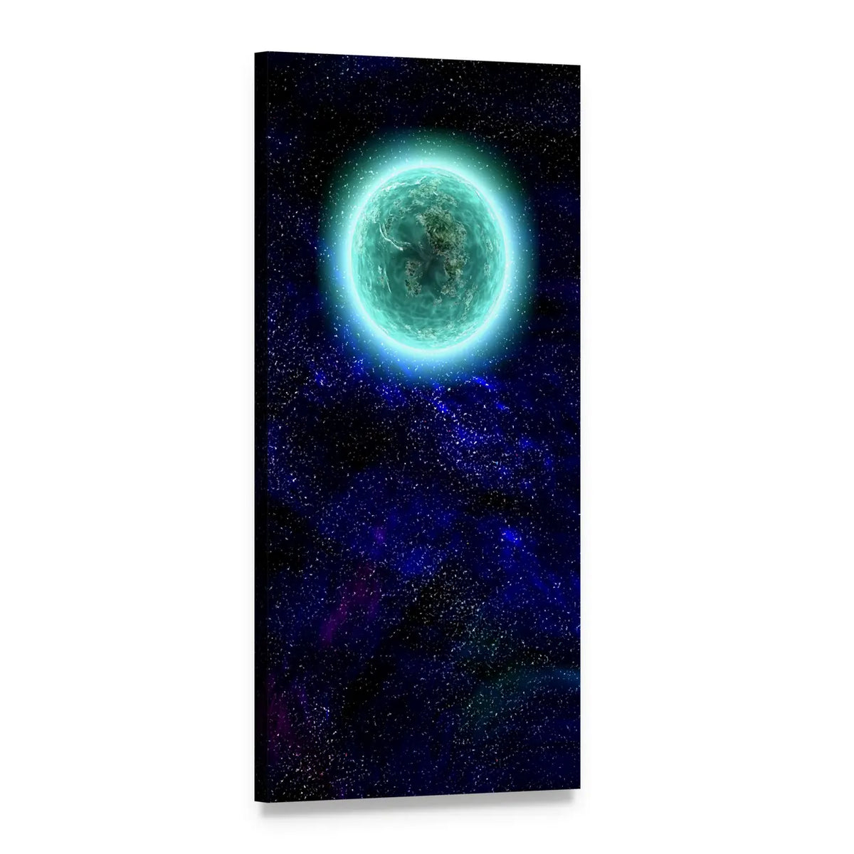 Glowing Planet in Deep Space Vertical Canvas Wall Art, 1 panel 1 Vertical layout gallery wrapped canvas set, angled product view