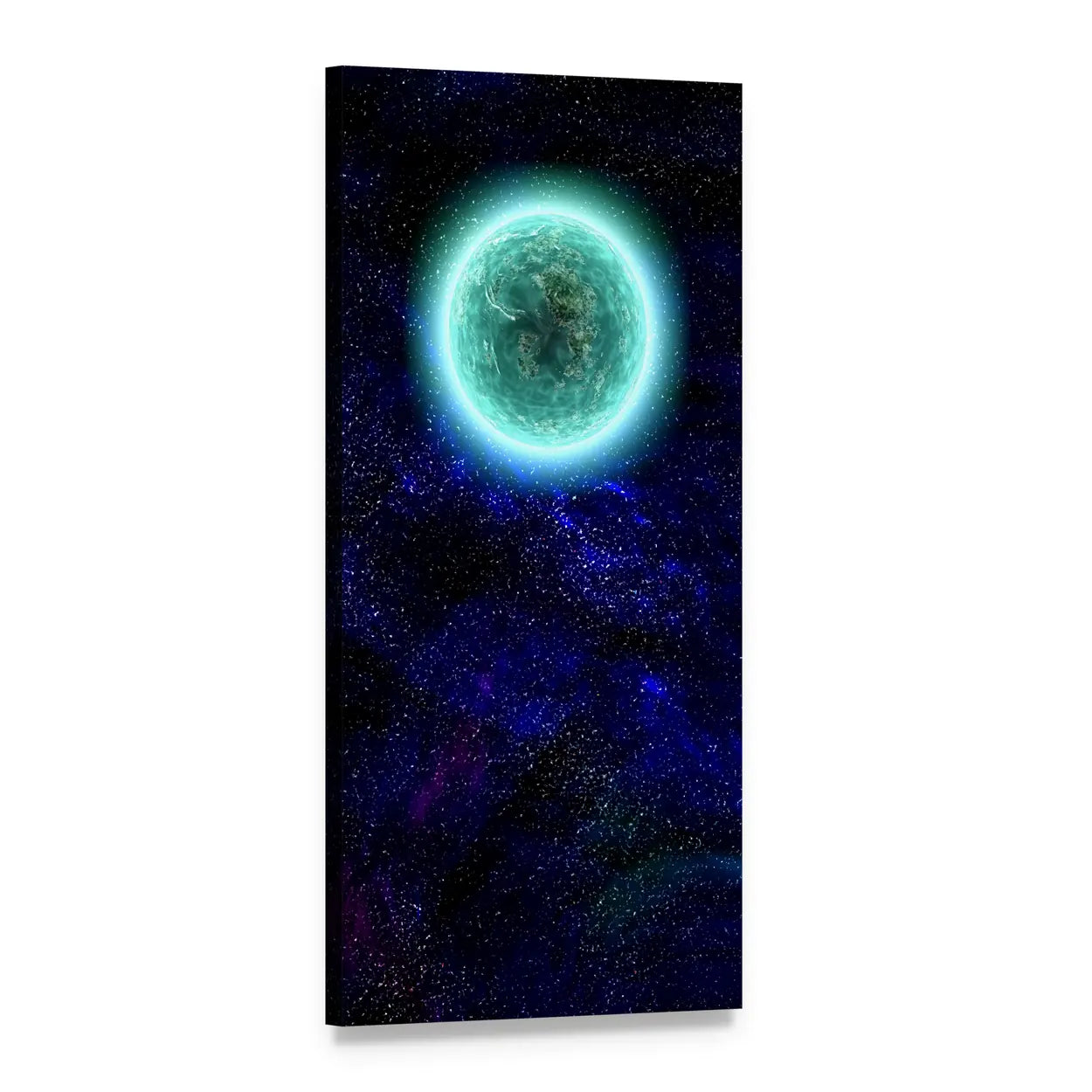 Glowing Planet in Deep Space Vertical Canvas Wall Art, 1 panel 1 Vertical layout gallery wrapped canvas set, angled product view