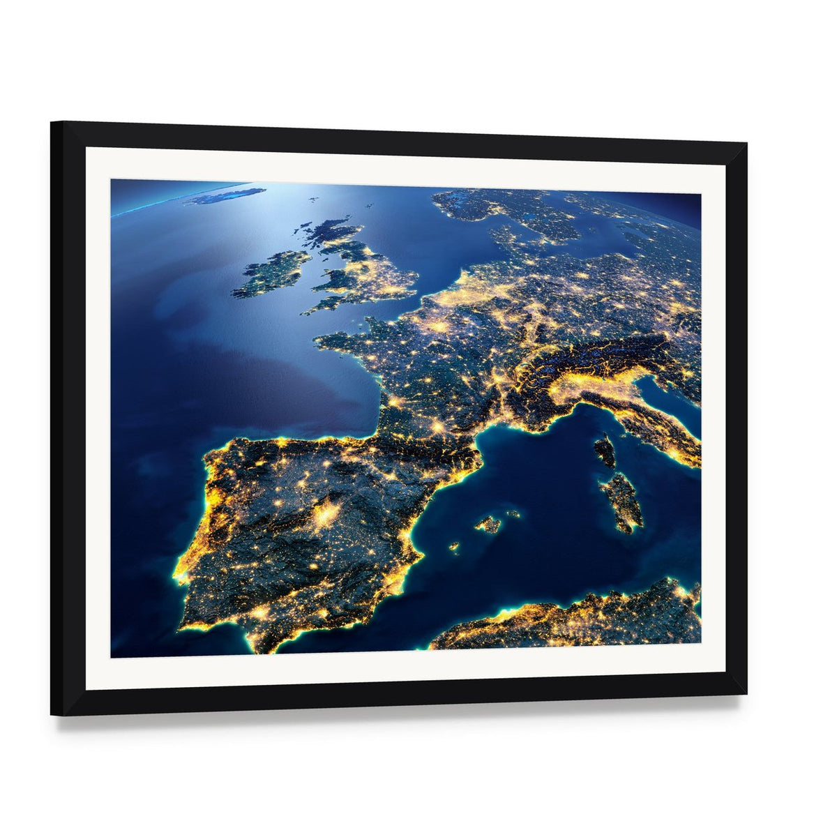 Planet Earth Night View Canvas Wall Art, framed print with white mat and black frame, angled product view