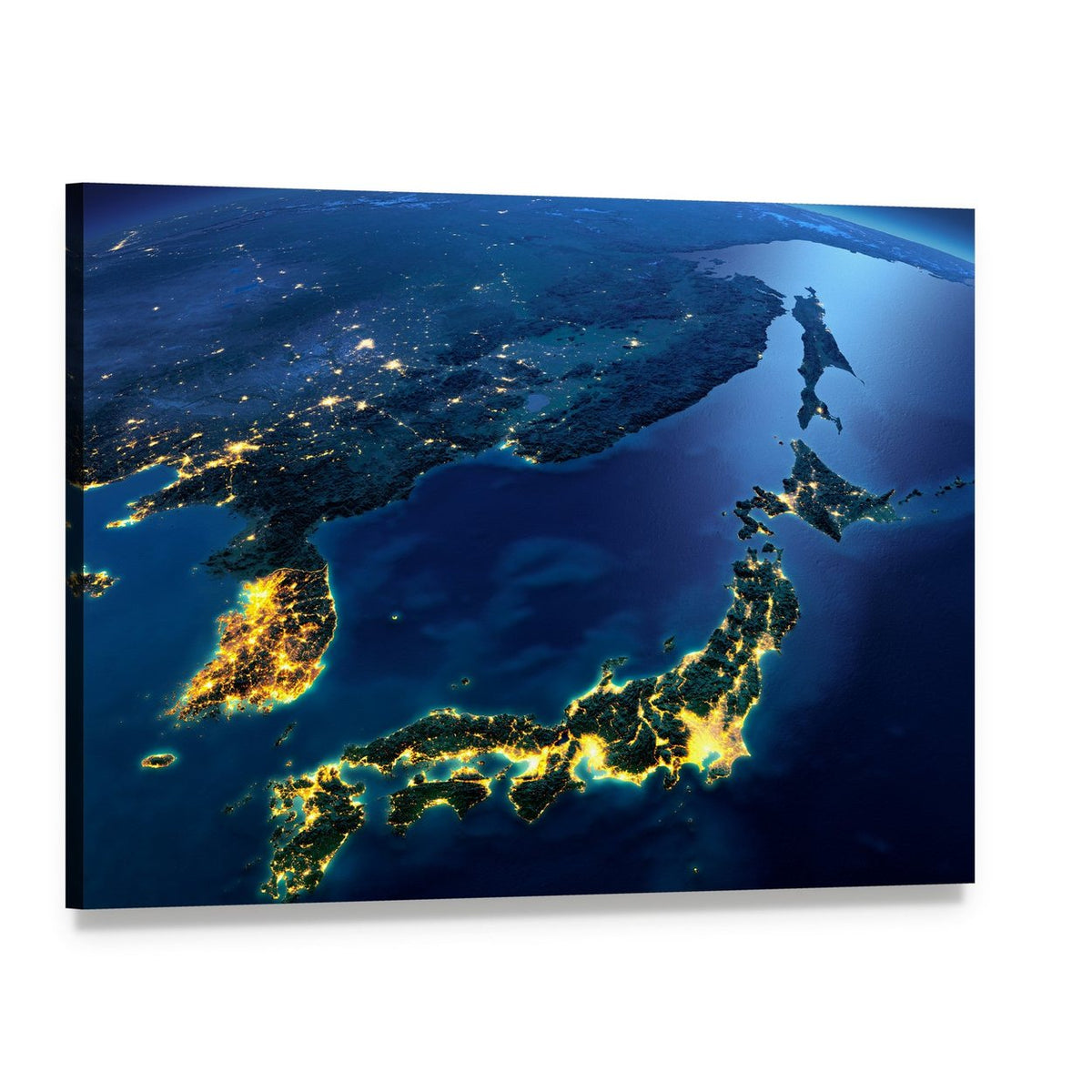 Earth at Night Over Japan and Korea Canvas Wall Art, single panel gallery wrapped canvas, angled product view