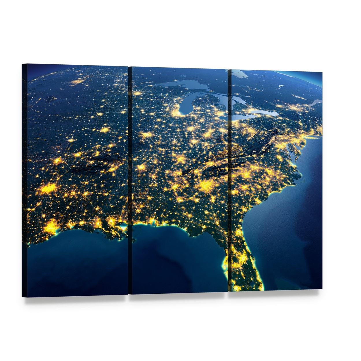 Gulf of Mexico from Space Canvas Wall Art, 3 panel 3 Horizontal layout gallery wrapped canvas set, angled product view