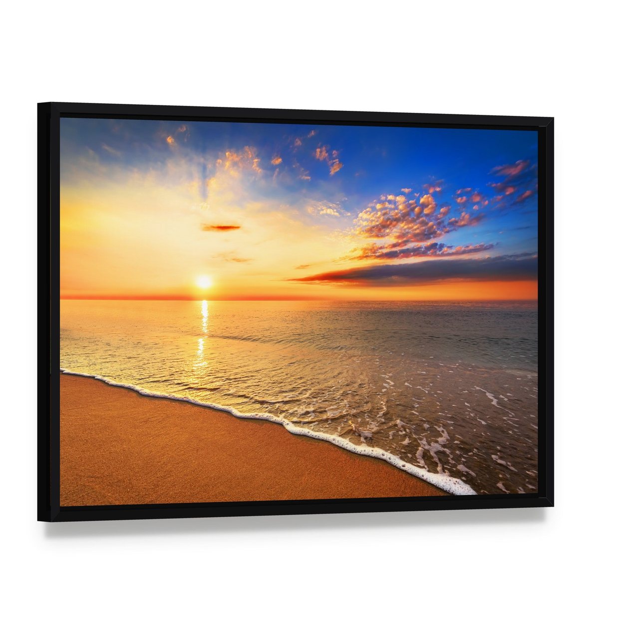 Sunrise on the Beach Canvas Wall Art, framed canvas in a black floater frame, angled product view