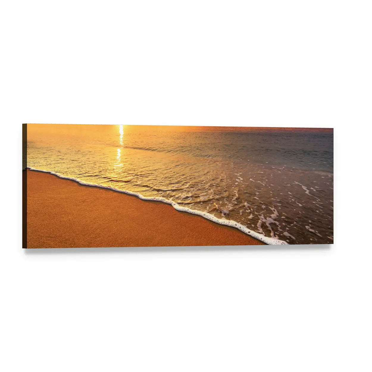 Sunrise on the Beach Panoramic Canvas Wall Art, single panel gallery wrapped canvas, angled product view