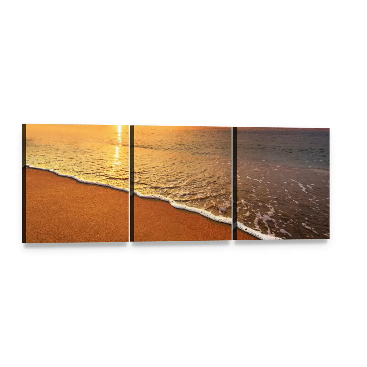 Sunrise on the Beach Panoramic Canvas Wall Art, 3 panel 3 Piece layout gallery wrapped canvas set, angled product view