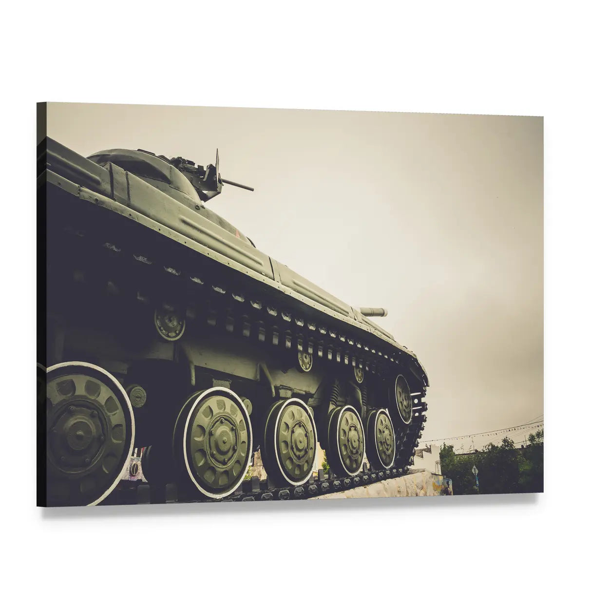 Vintage Military Tank in Fog Canvas Wall Art, single panel gallery wrapped canvas, angled product view