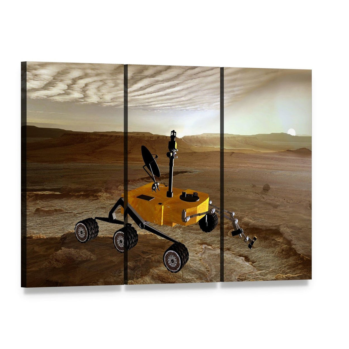 Yellow Rover on Mars Canvas Wall Art, 3 panel 3 Horizontal layout gallery wrapped canvas set, angled product view