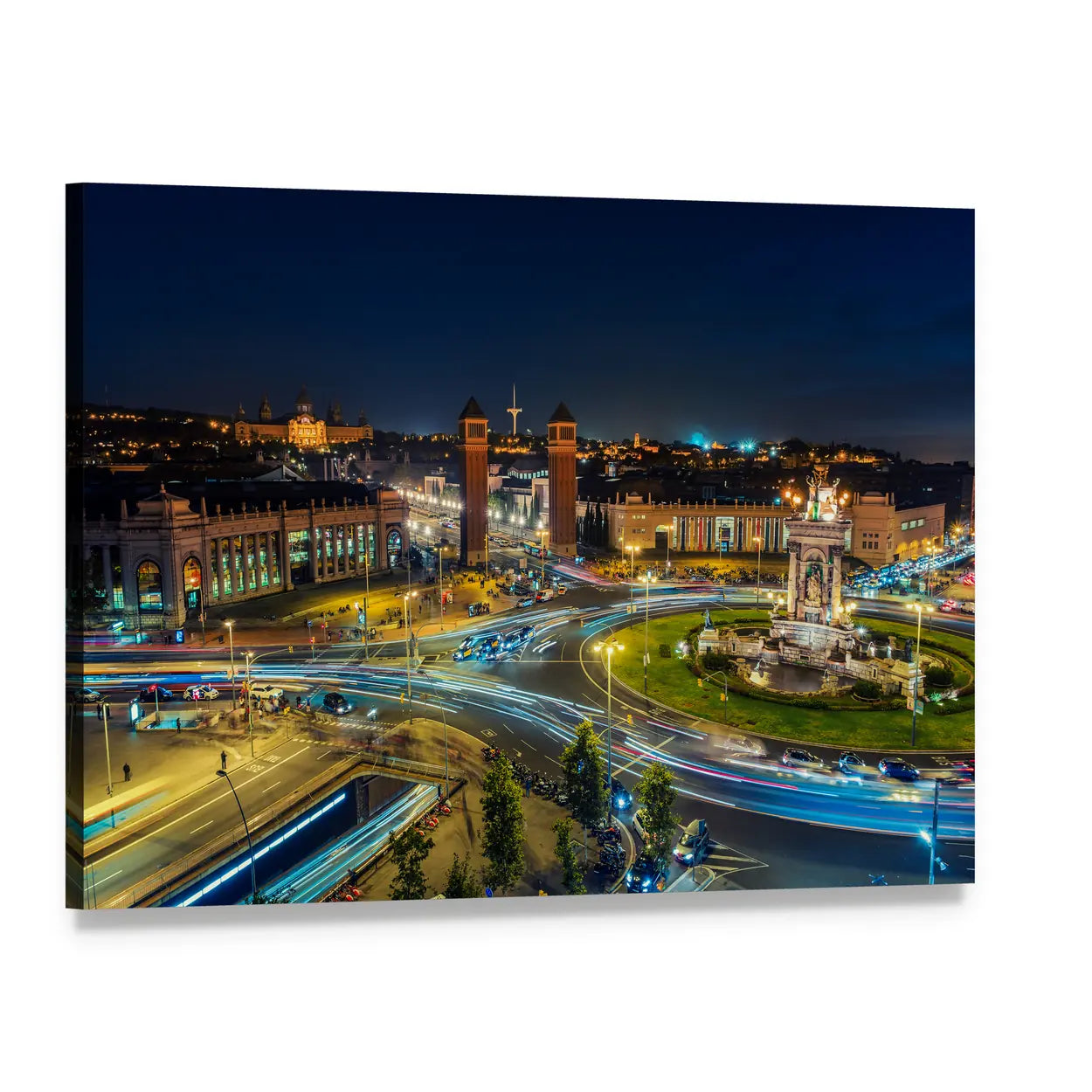 Plaza Espanya at Night Canvas Wall Art, single panel gallery wrapped canvas, angled product view