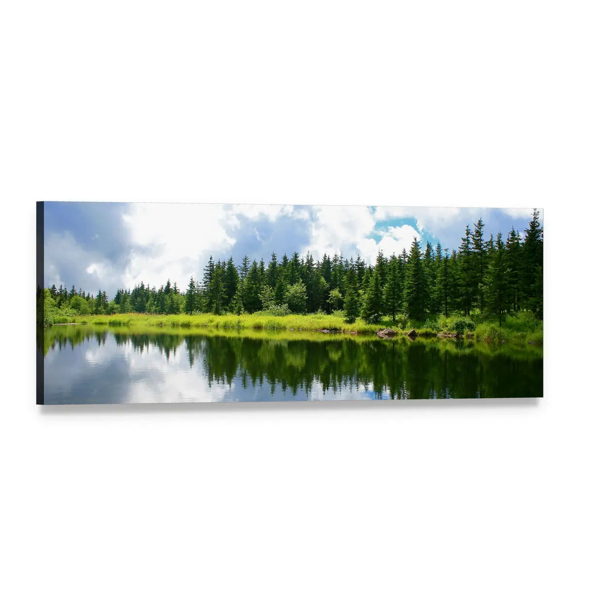 Blue Mountain Lake Reflections Panoramic Canvas Wall Art, single panel gallery wrapped canvas, angled product view