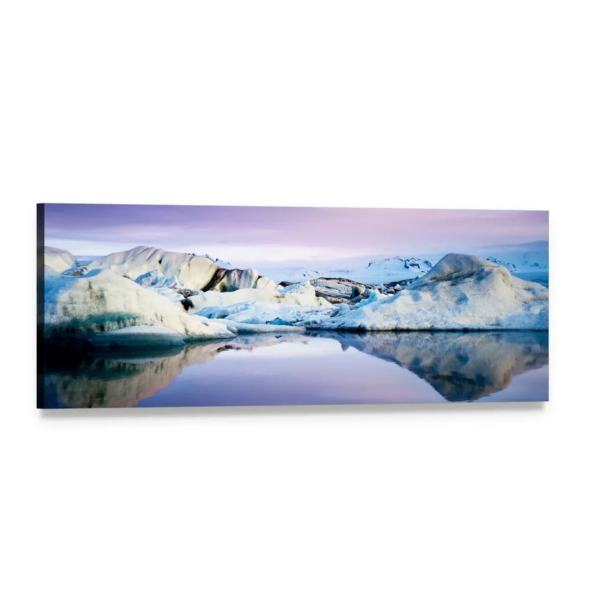 Jokulsarlon Glacier Lagoon Icebergs and Reflection Panoramic Canvas Wall Art, single panel gallery wrapped canvas, angled product view