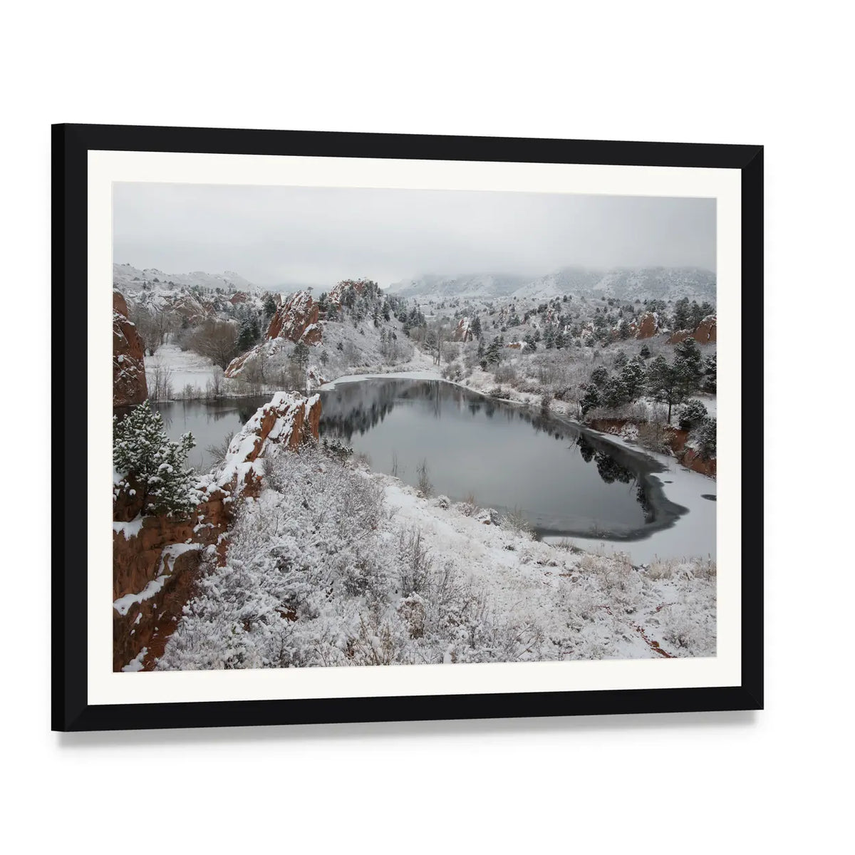 Red Rock Canyon After Fresh Snow Canvas Wall Art, framed print with white mat and black frame, angled product view