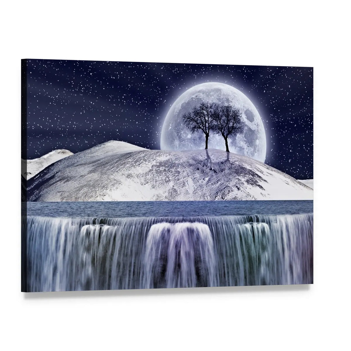 Winter Moonlight Landscape with Waterfall Canvas Wall Art, single panel gallery wrapped canvas, angled product view
