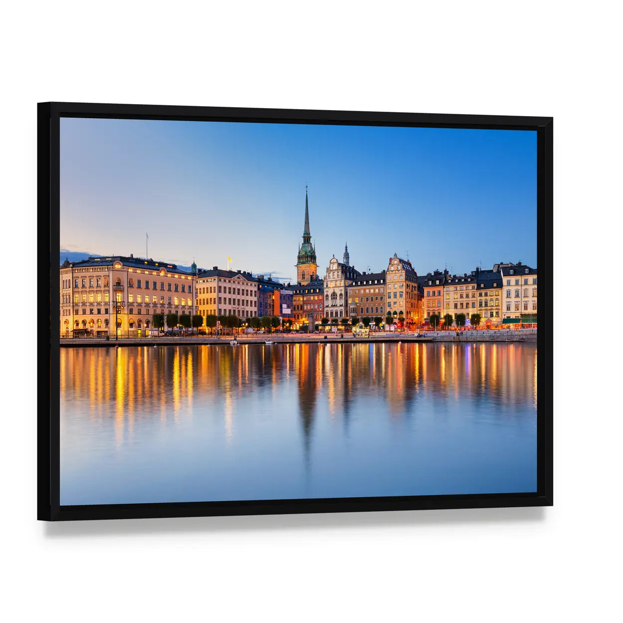 Gamla Stan In Stockholm At Evening Canvas Wall Art, framed canvas in a black floater frame, angled product view