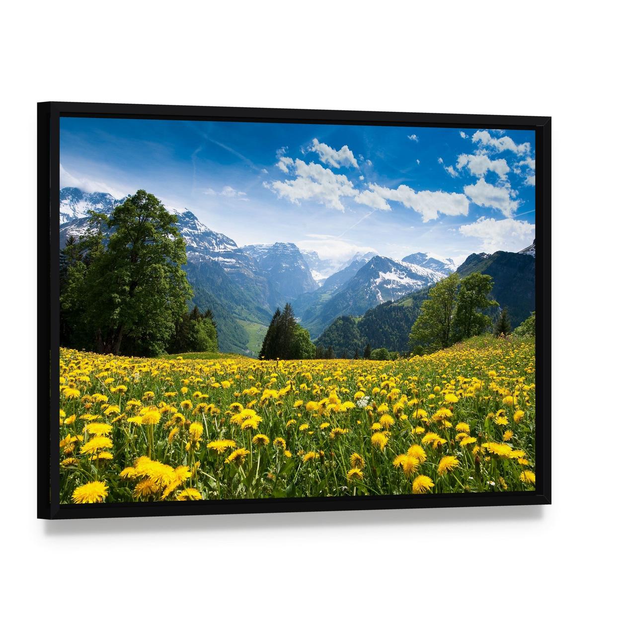 Blossoming Field Switzerland Canvas Wall Art, framed canvas in a black floater frame, angled product view