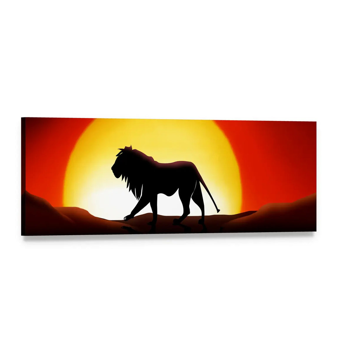 Lonesome Lion Sunset Silhouette Panoramic Canvas Wall Art, single panel gallery wrapped canvas, angled product view