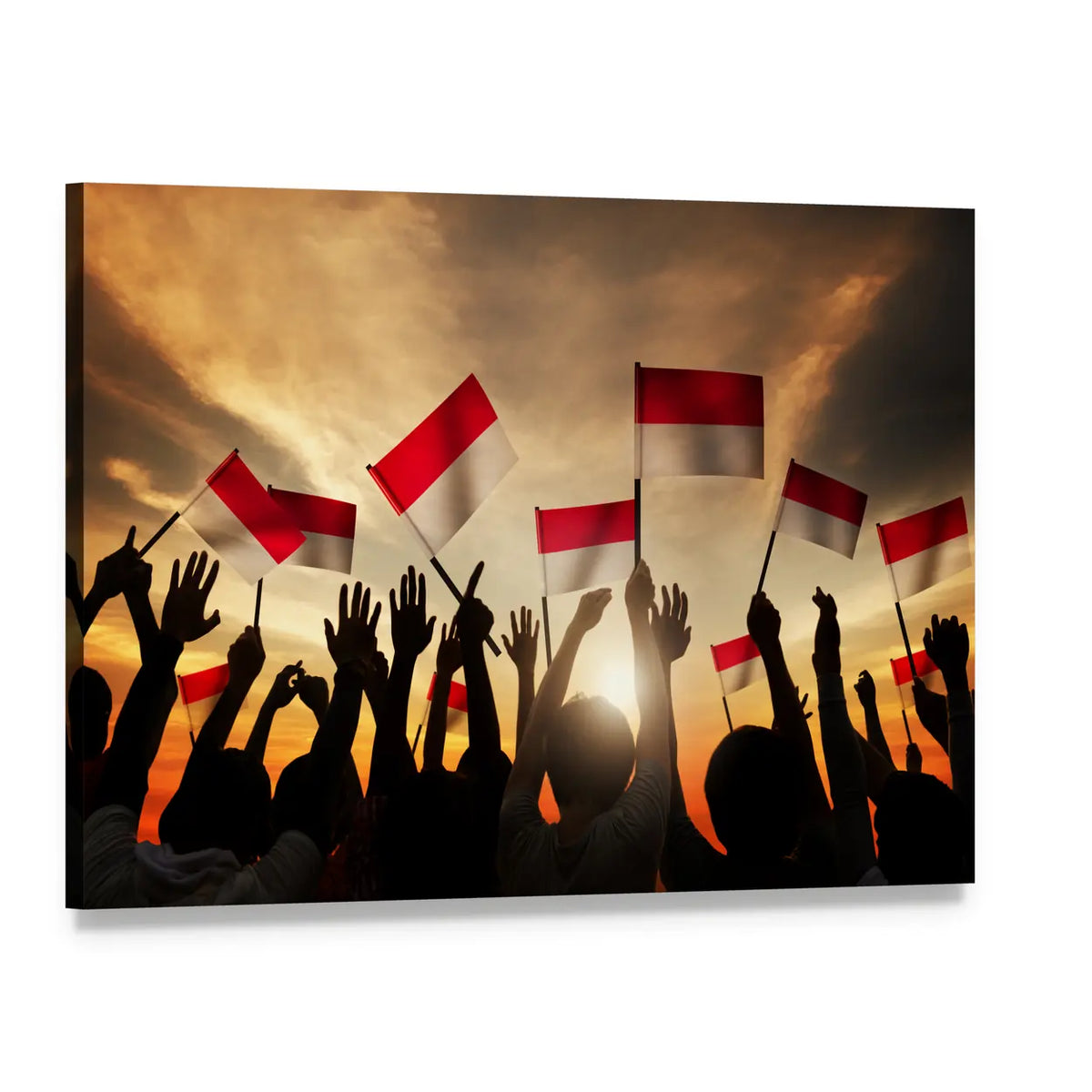 Indonesian Flags Over Silhouetted Crowd Canvas Wall Art, single panel gallery wrapped canvas, angled product view