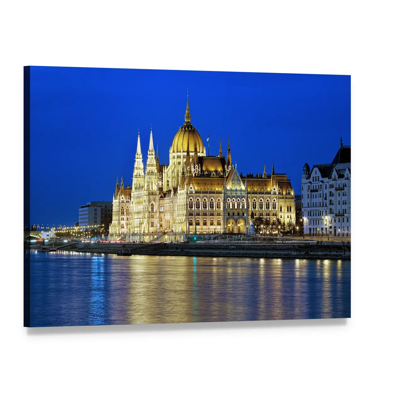 Hungarian Parliament at Night Canvas Wall Art, single panel gallery wrapped canvas, angled product view