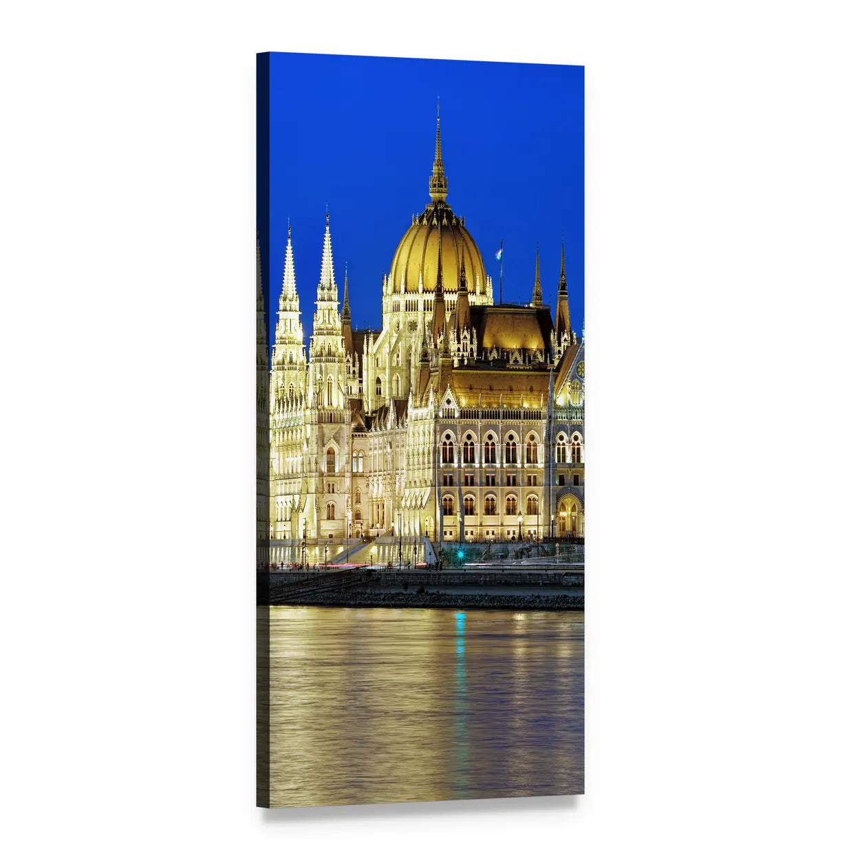 Hungarian Parliament Building at Night Vertical Canvas Wall Art, 1 panel 1 Vertical layout gallery wrapped canvas set, angled product view