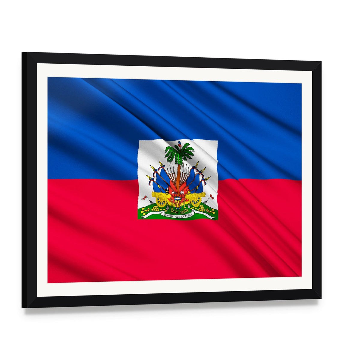 Haitian Flag with Coat of Arms Canvas Wall Art, framed print with white mat and black frame, angled product view