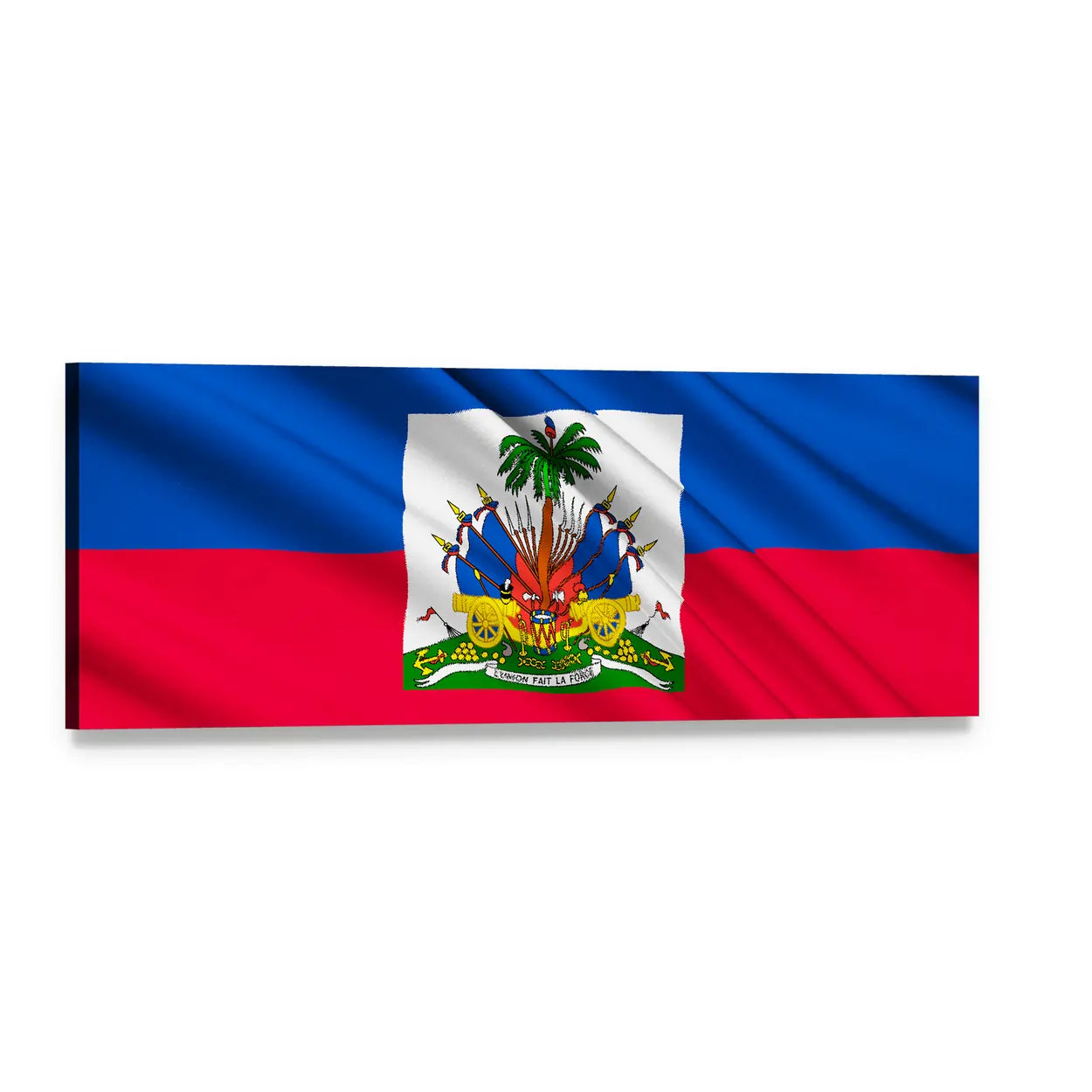 Haiti National Flag with Coat of Arms Panoramic Canvas Wall Art, single panel gallery wrapped canvas, angled product view
