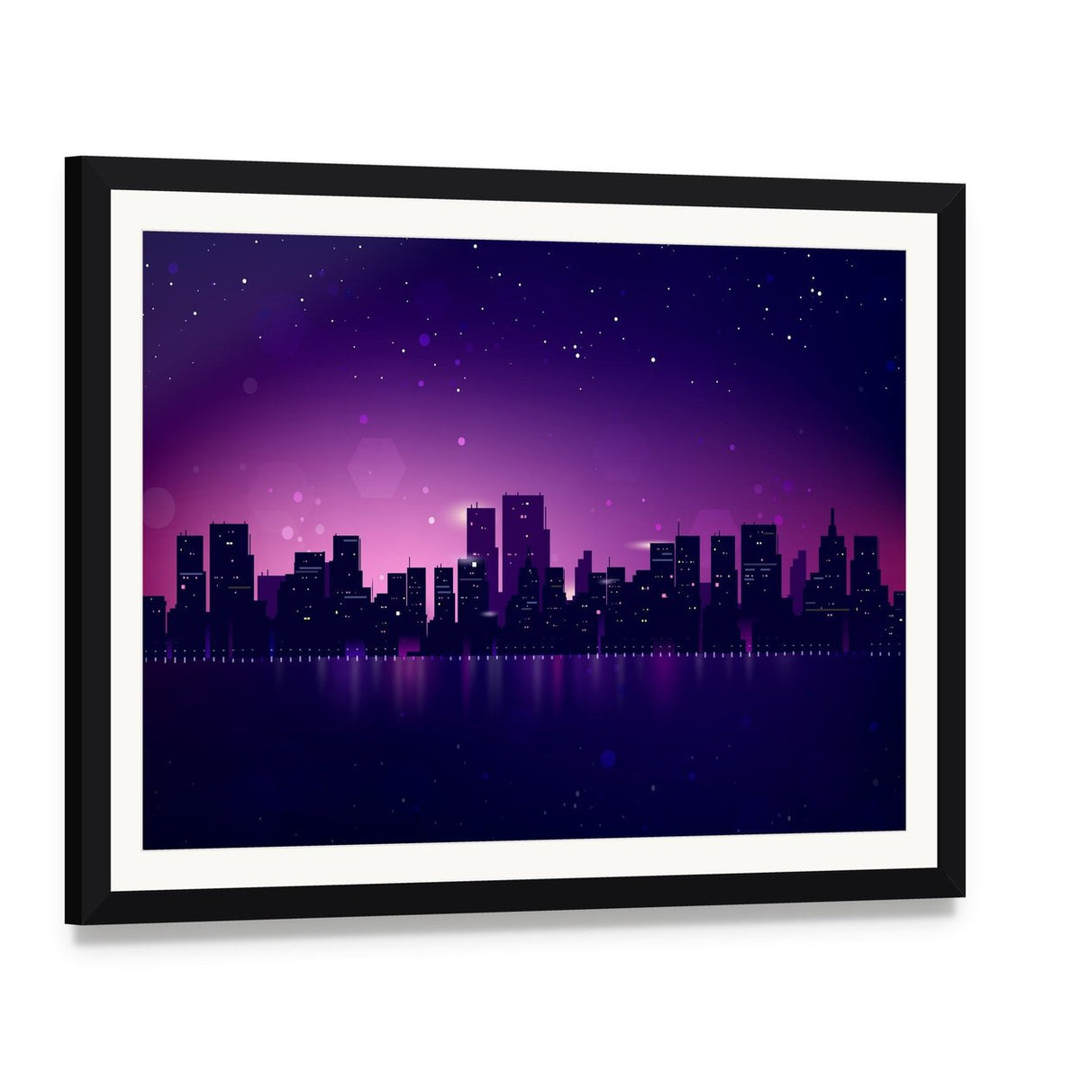 Night City Skyline with Waterfront Glow Canvas Wall Art, framed print with white mat and black frame, angled product view