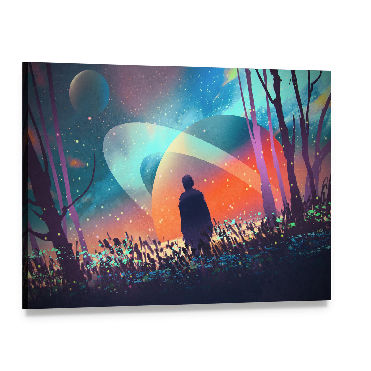 Silhouette Man on Ringed Alien Planet Canvas Wall Art, single panel gallery wrapped canvas, angled product view