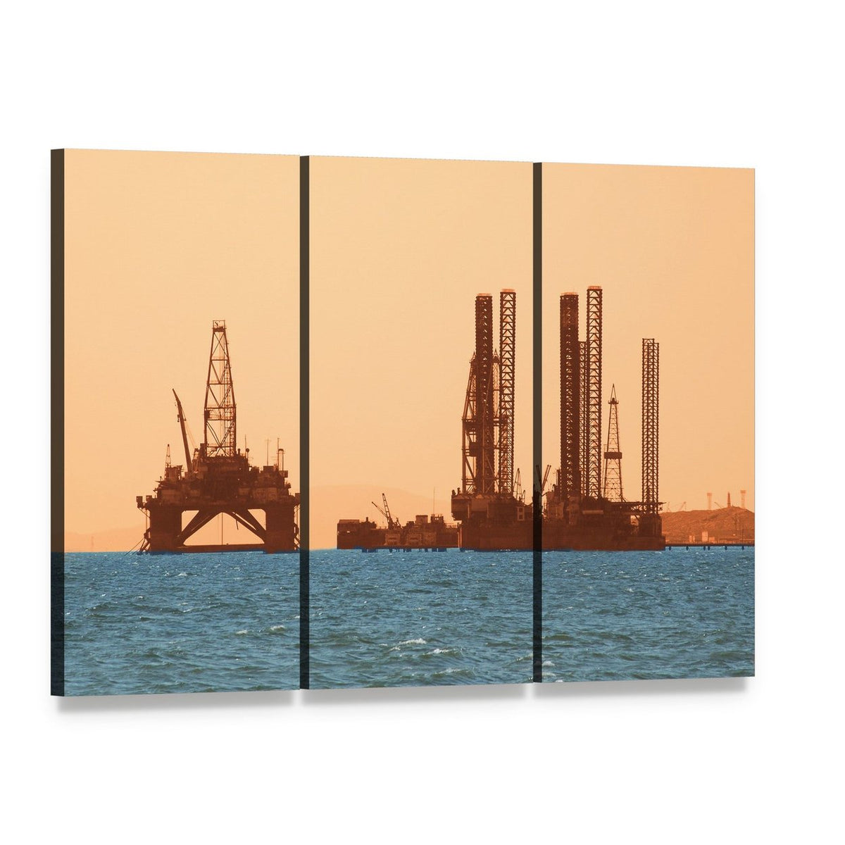 Silhouetted Oil Rigs at Sunset Canvas Wall Art, 3 panel 3 Horizontal layout gallery wrapped canvas set, angled product view